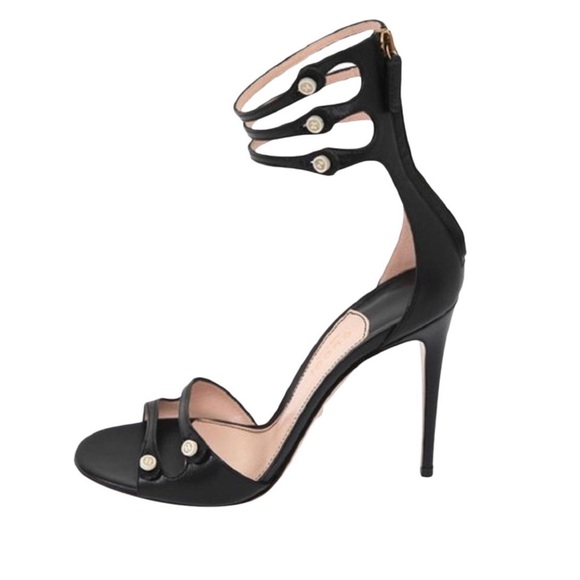 Gucci Shoes - GUCCI Black Leather Open Toe Mother Of Pearl